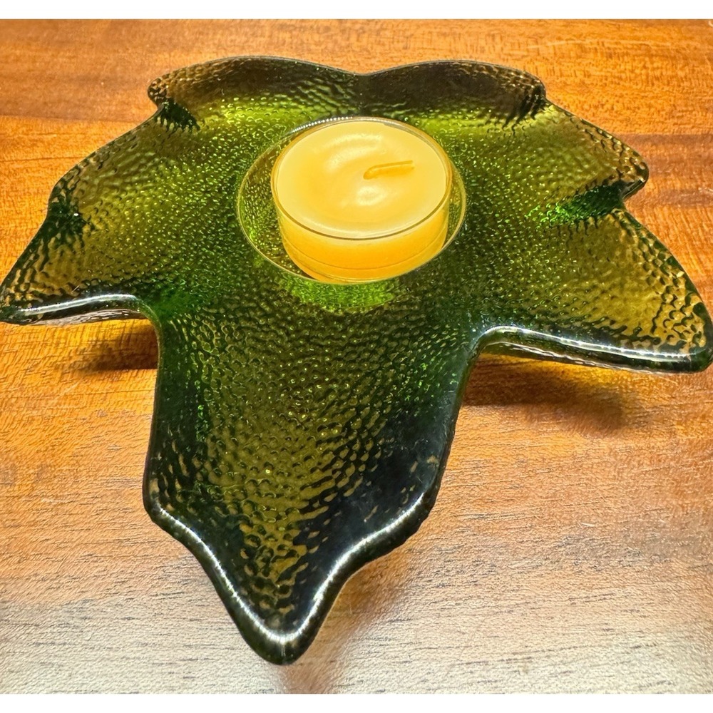 Green Glass Leaf Candle Holder MCM Style Textured Decor